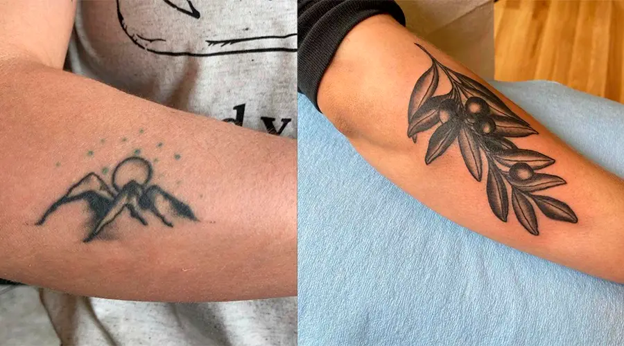 Tatuagem antiga de um sol saindo atrás de montanhas. A segunda imagem é da cobertura dessa tatuagem: um ramo de folhas e frutos pretos.