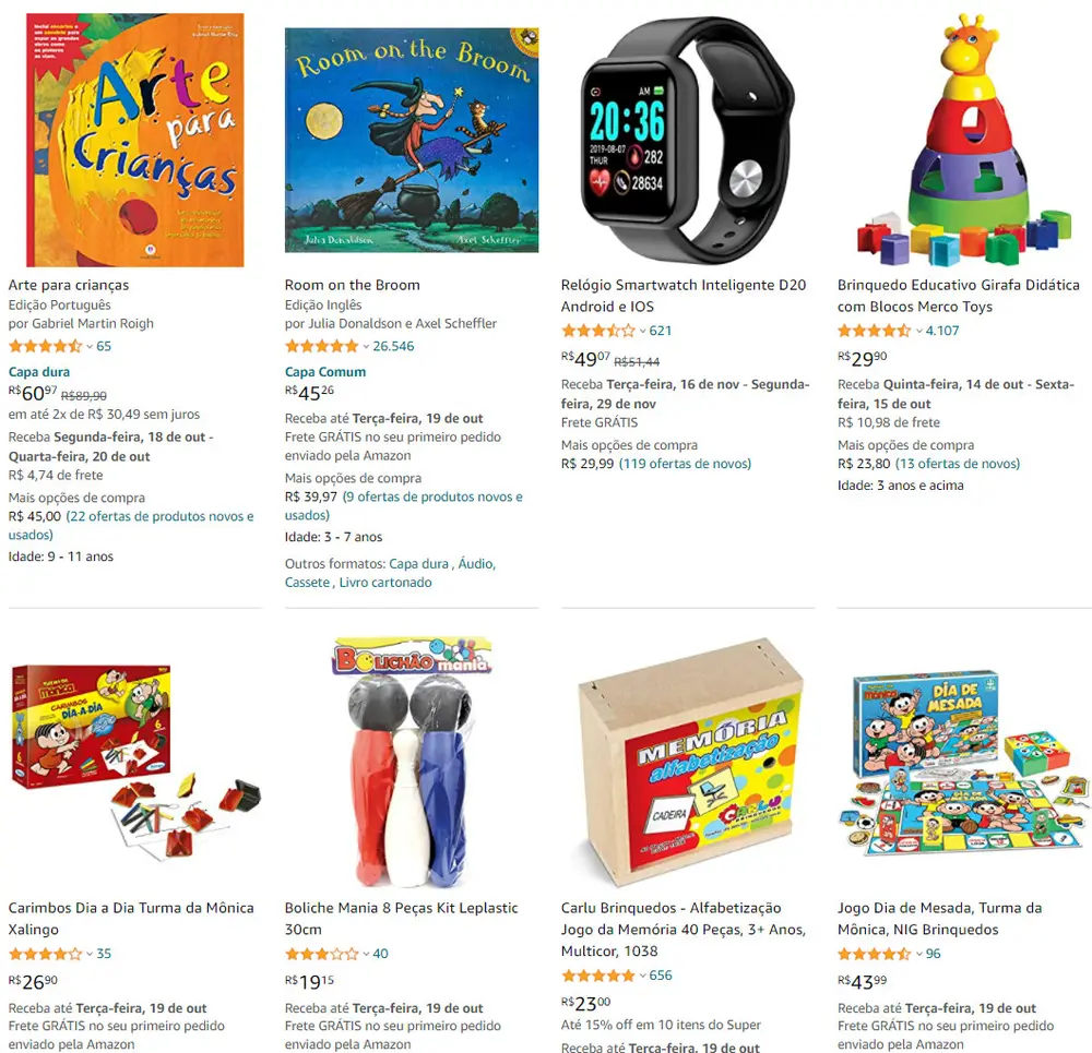 Print de tela da Amazon com opções de brinquedos