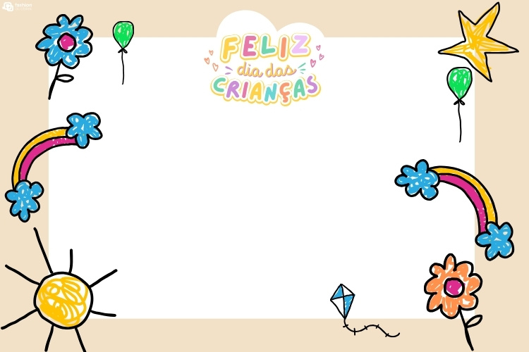 Card de fundo branco com moldura bege, desenhos infantis e espaço para desenho 