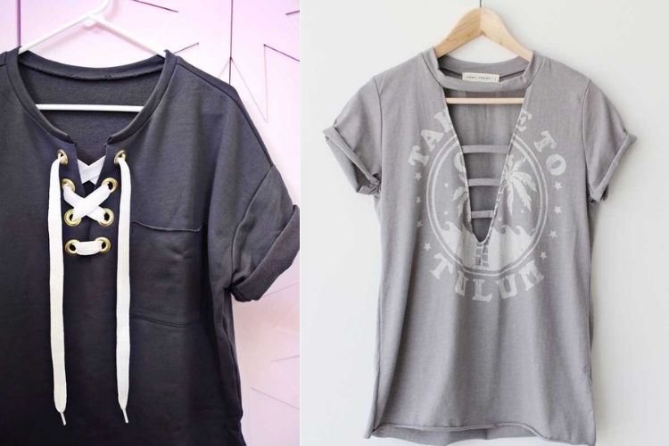 fotos de dois abadás masculinos customizados com gola V