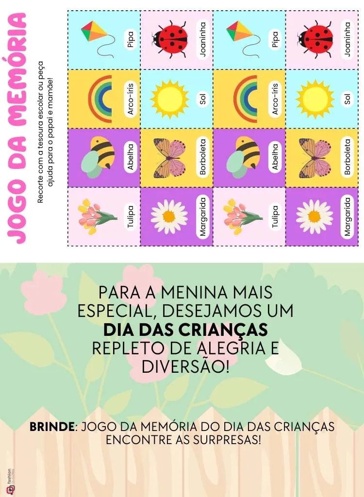 Modelo parte de dentro com frase, com Jogo da Memória para meninas, fundo joaninha