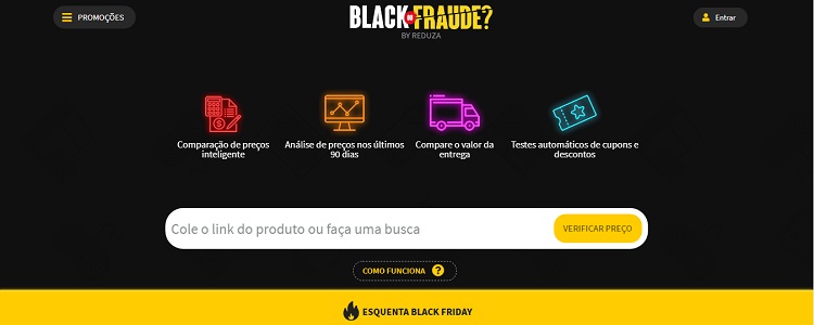 Página inicial do site Reduza, ideal para economizar na Black Friday, com fundo preto e detalhes em amarelo, além de ícones com descrição do que o site faz 