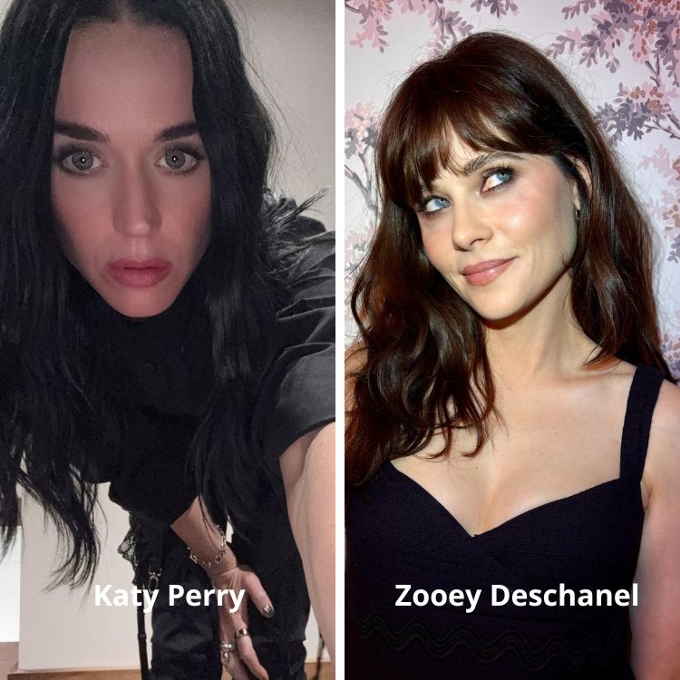 Imagem dividida ao meio, mostrando Katy Perry à esquerda, com cabelo escuro solto, maquiagem marcante e roupa preta. À direita, Zooey Deschanel com cabelo castanho, franja, maquiagem leve, fundo estampado e vestido preto elegante.