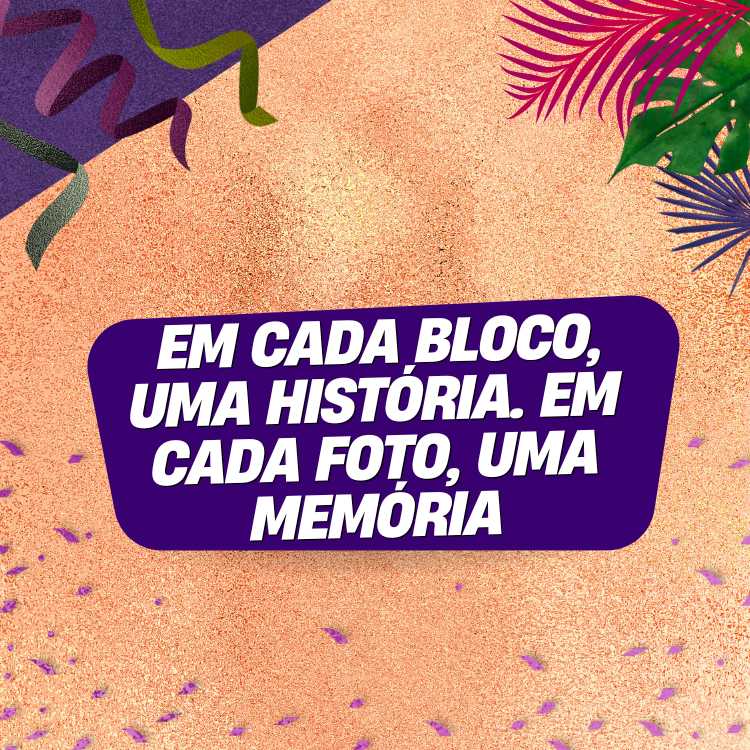 Imagem de fundo rosa com penas verdes, rosa e roxa, confete, serpetina e a frase "Em cada bloco, uma história. Em cada foto, uma memória"