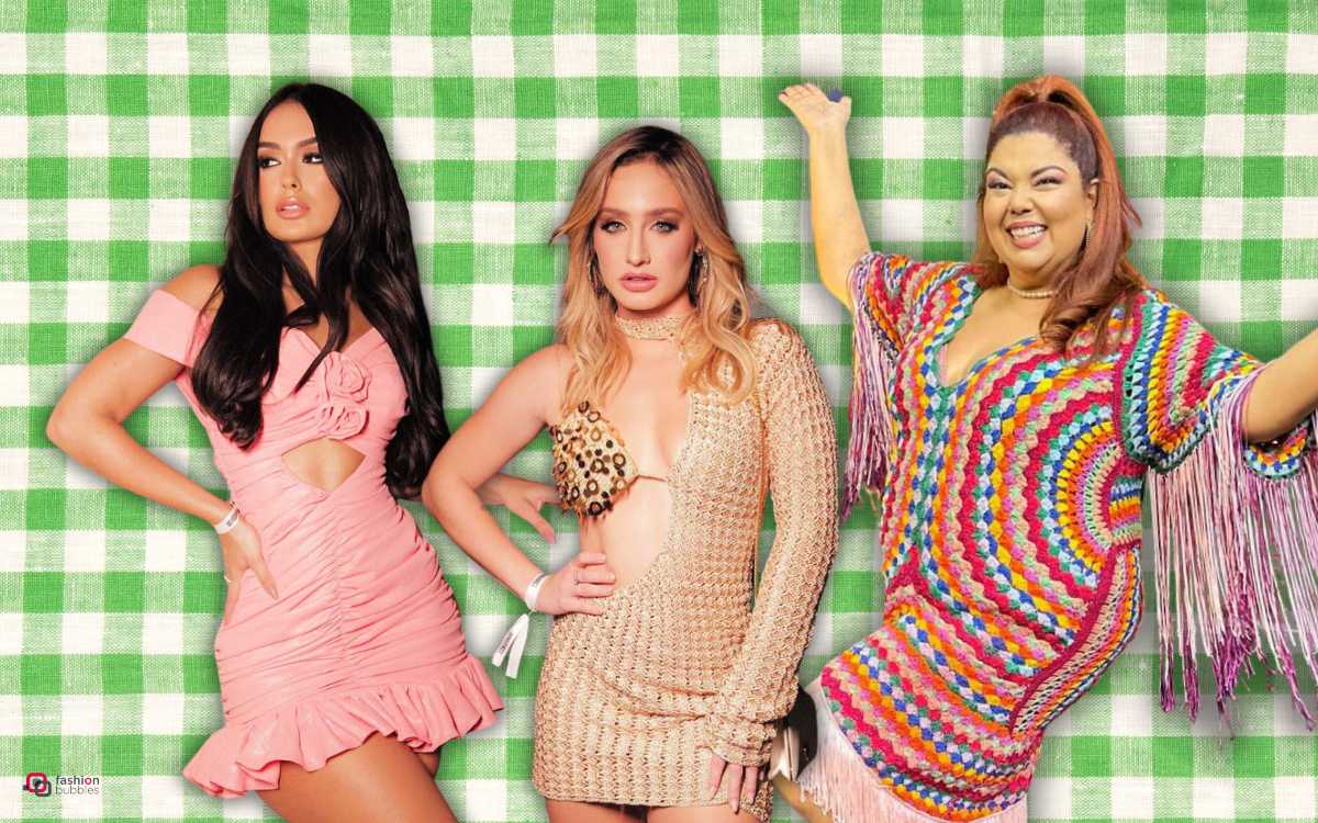 Montagem com fotos dos looks de Larissa Santos (BBB 23), Bruna Griphao (BBB 23) e Fabiana Karla no São João da Thay 2023 - fundo xadrez verde