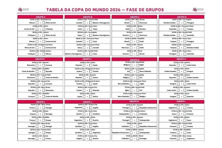 Tabela da Copa do Mundo FIFA 2026 do Fashion Bubbles para a fase de grupos