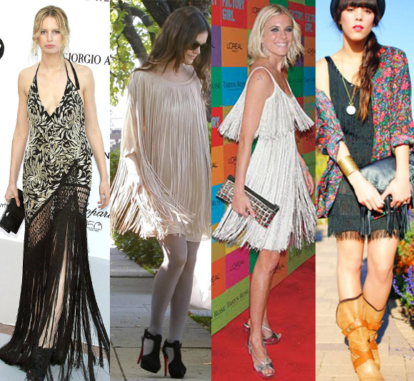 Montagem de looks de famosos com franjas