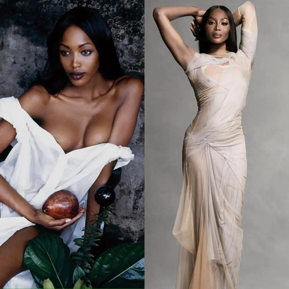 Naomi Campbell modelo dos anos 90, antes e atualmente.