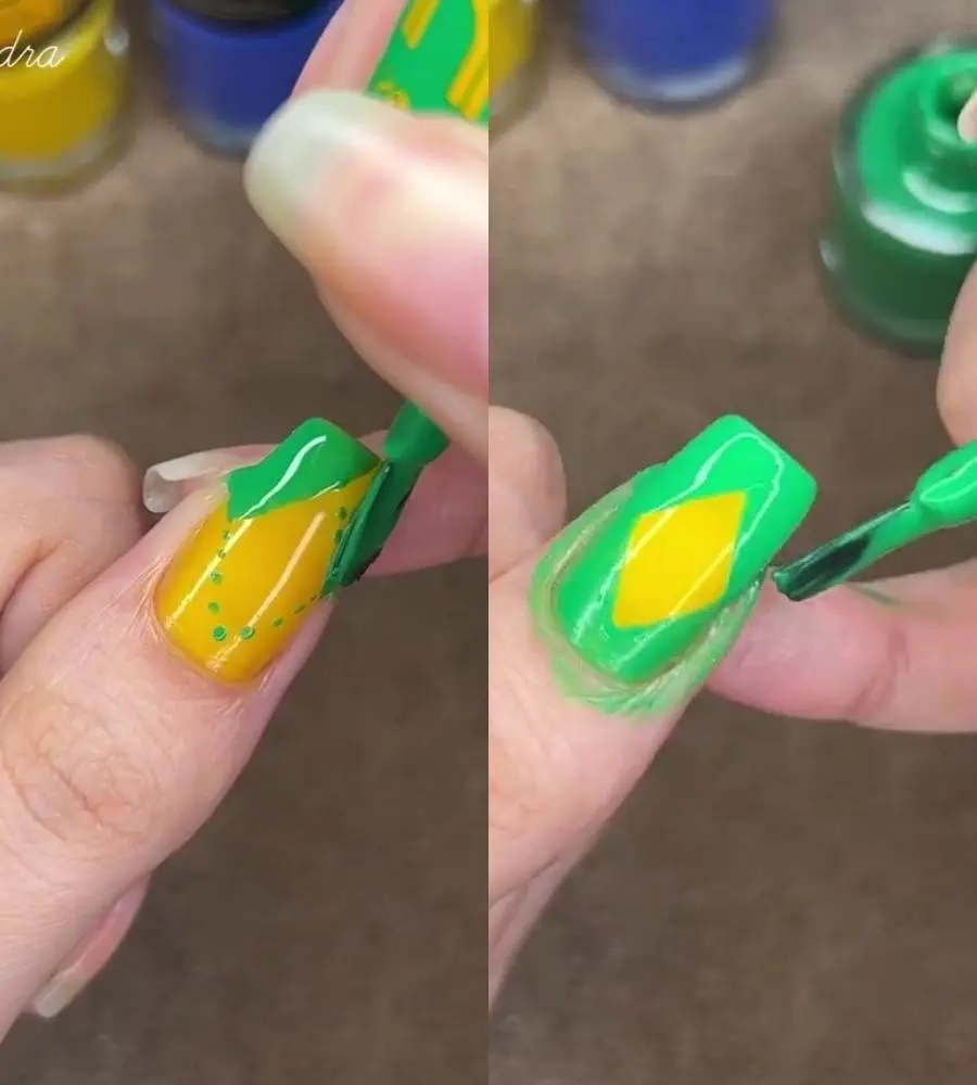 Print de vídeo de Gabi Cindra, manicure, tutorial de bandeira do Brasil nas unhas para a Copa do Mundo de 2022.
