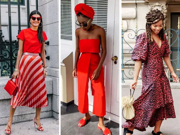 Montagem com 3 fotos: mulher de pele clara usando blusa vermelha e saia midi plissada vermelha e rosa; mulher de pele negra usando lenço vermelho no cabelo e macacão vermelho e mulher de pele negra usando vestido midi de onça vermelha