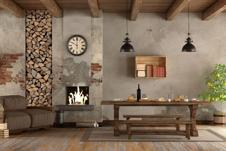 Sala dois ambientes com decoração rústica, parede de tijolos à vista, pedra, madeira, chão de madeira, mesa e bacos de madeira sem acabamento e cimento nas paredes