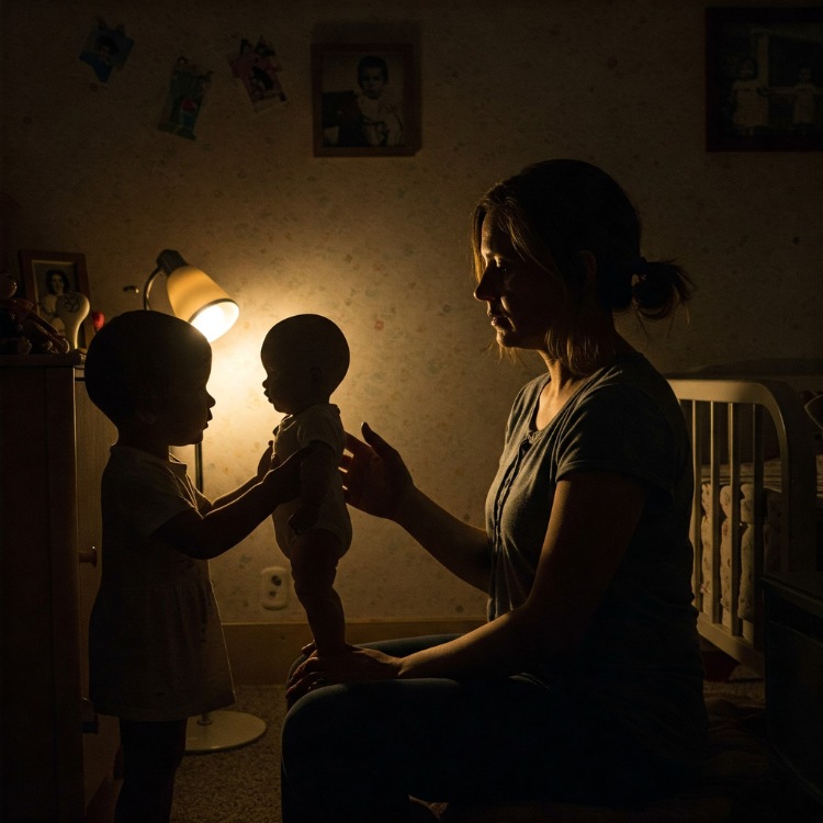 Imagem de mulher e criança brincando de boneca com luz focal amarela