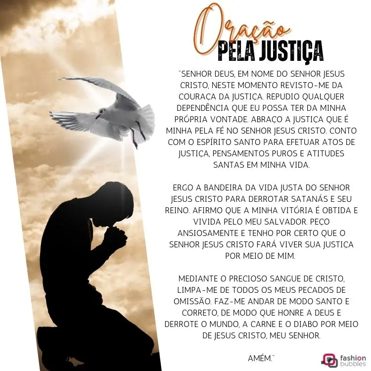 Silhueta de uma pessoa ajoelhada em oração em frente a um céu dourado com raios de sol. Uma pomba branca voa ao lado, simbolizando paz. À direita, texto da "Oração pela Justiça" destaca fé e reflexão espiritual.
