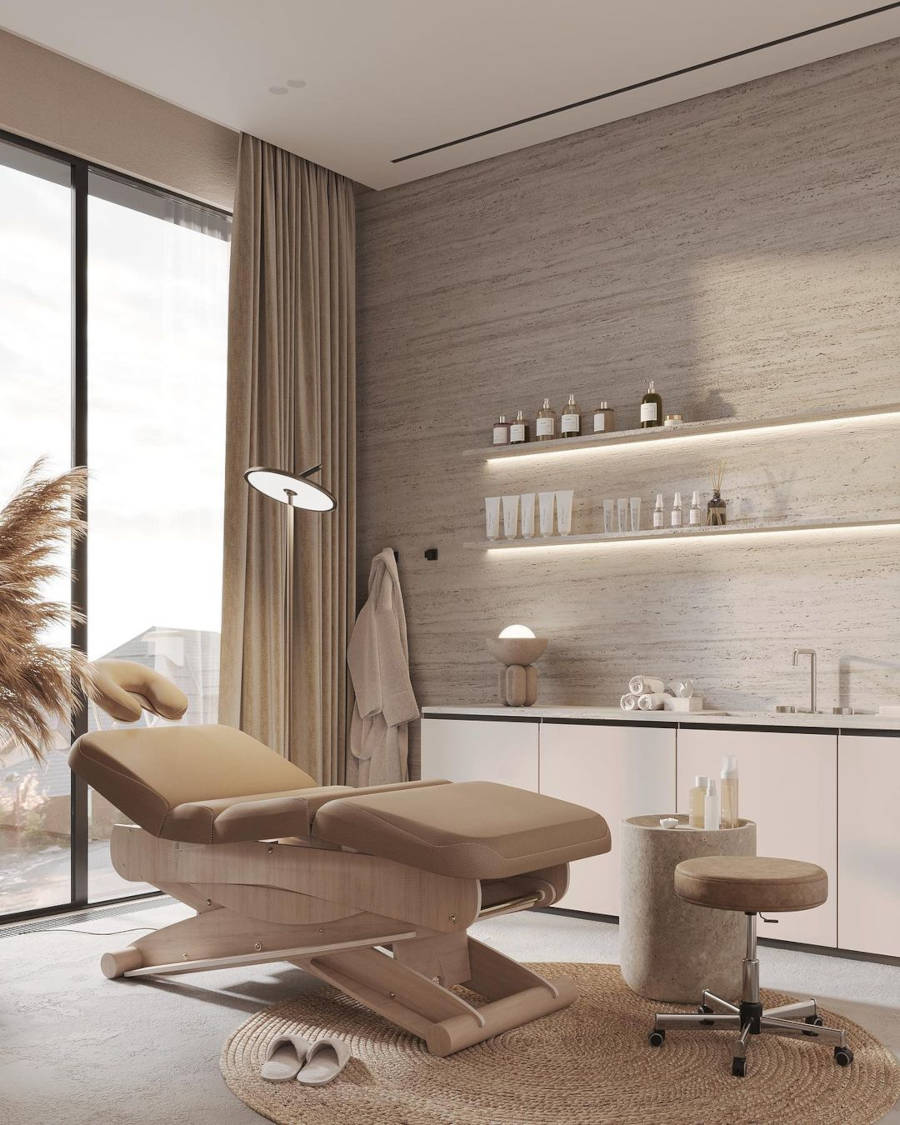 Sala de design de sobrancelha com parede de vidro.