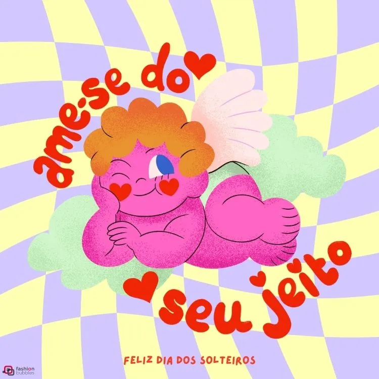montagem colorida de dia dos solteiros com cupido deitado em fundo quadriculado com frase: ame-se do seu jeito