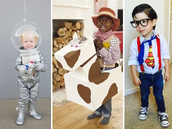 Colagem de crianças fantasiadas para o dia das crianças. Montagem com 3 fotos: menino de pele clara fantasiado de astronauta; menino de pele negro fantasiado de cowboy com cavalo de papelão; menino de pele clara fantasiado de Clark Kente, com camisa social branca aberta, mostrando roupa de Super Man por baixo
