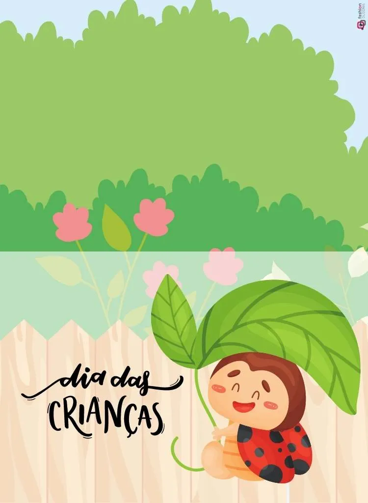 Modelo frente e verso para meninas com desenho de joaninha em fundo de jardim com cerca