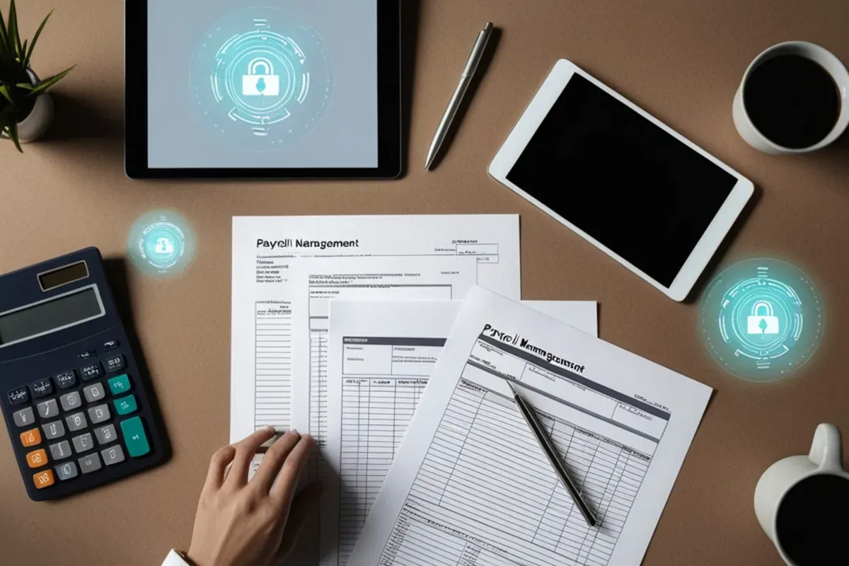 Mesa com documentos financeiros, calculadora, tablet e celular representando gestão financeira e empréstimo