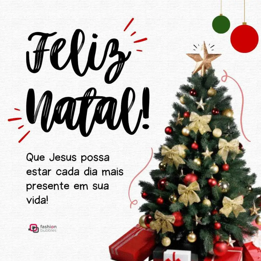 Cartão virtual de fundo bege com árvore de natal e frase "Que Jesus esteja cada dia mais presente em sua vida. Feliz Natal!"