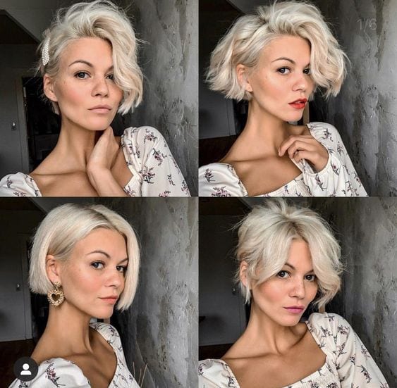 Montagem com 4 fotos de Cabelo curto liso e ondulado em diferentes modelagens
