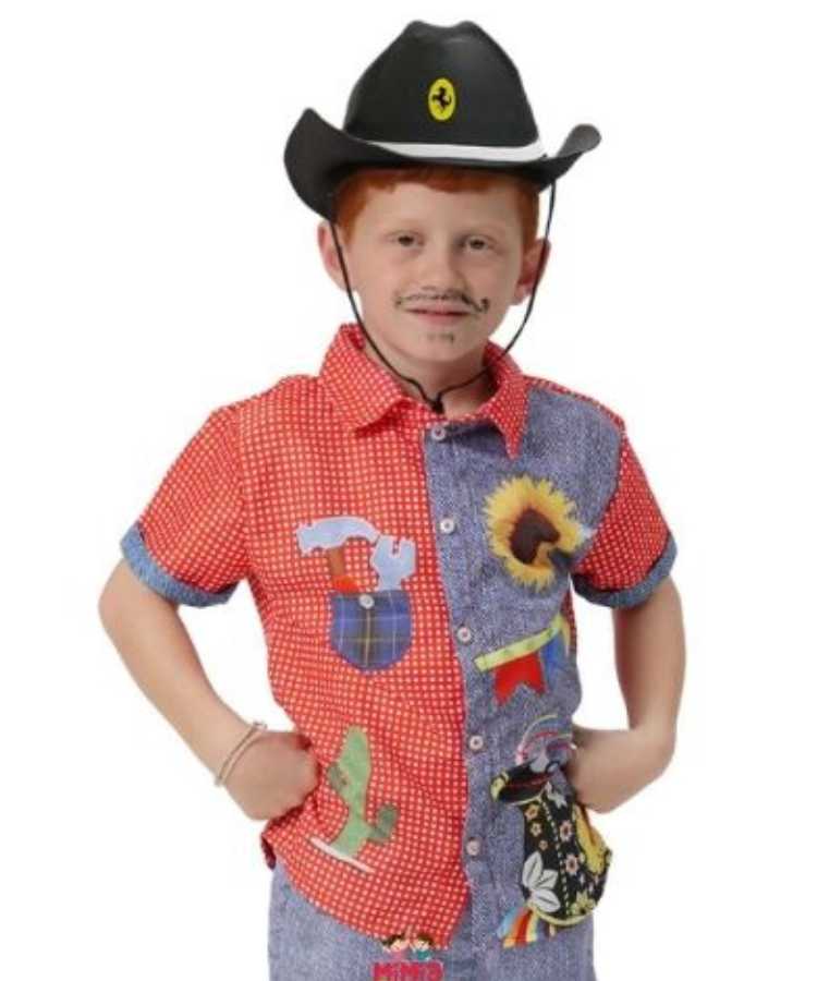 Menino com camisa de festa junina, decorada com estampas de retalhos de girassol, ferramentas, cacto, bandeirinhas