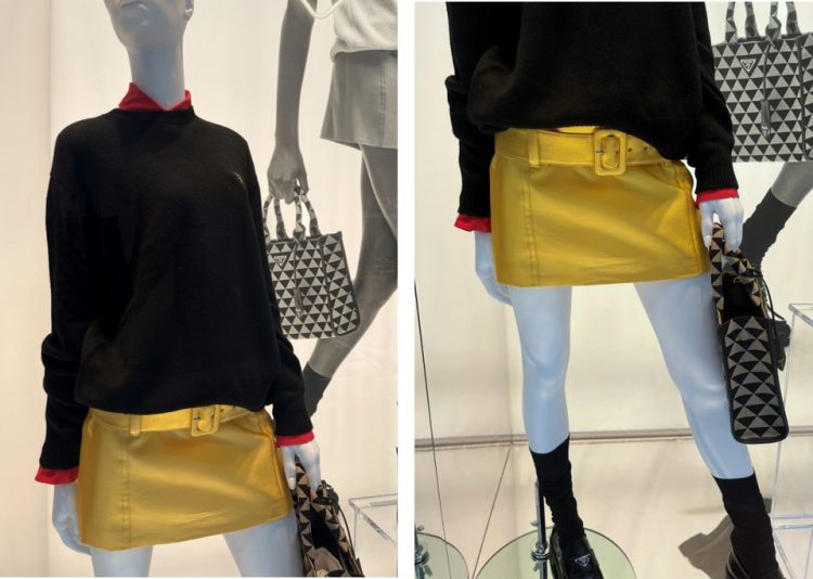 prada, milão, minissaia prada, amarelo fluor, verão 2023 Vitrine da Prada em Milão manequim veste minissaia amarelo fluor e blusa preta