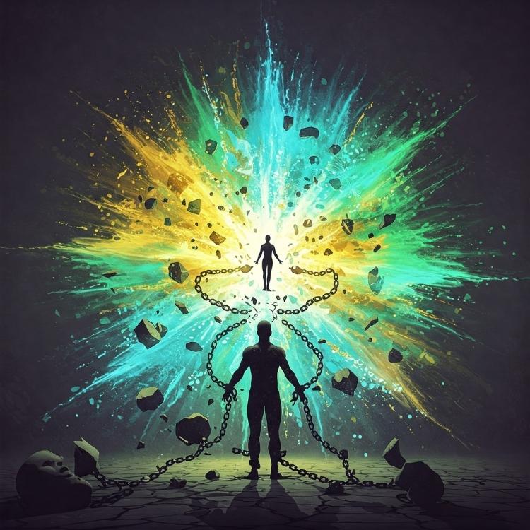 Silhueta de uma pessoa acorrentada, com correntes se rompendo e energias explosivas em verde e amarelo ao fundo, simbolizando a libertação de padrões limitantes, transformação interna e o despertar do potencial humano para a autenticidade e evolução pessoal.