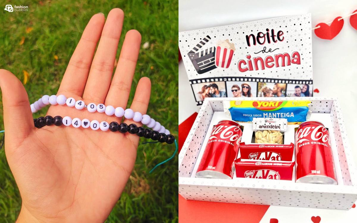 Montagem com duas ideias de presente DIY Dia dos Namorados: pulseira casal e caixa noite de cinema em casa