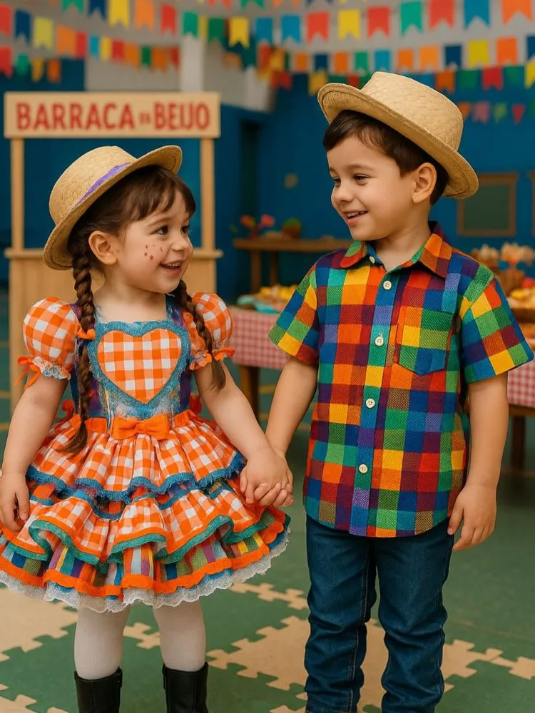 Menina de pele clara com vestido xadrez laranja e menino com chapéu de palha, camisa xadrez colorida e jeans 