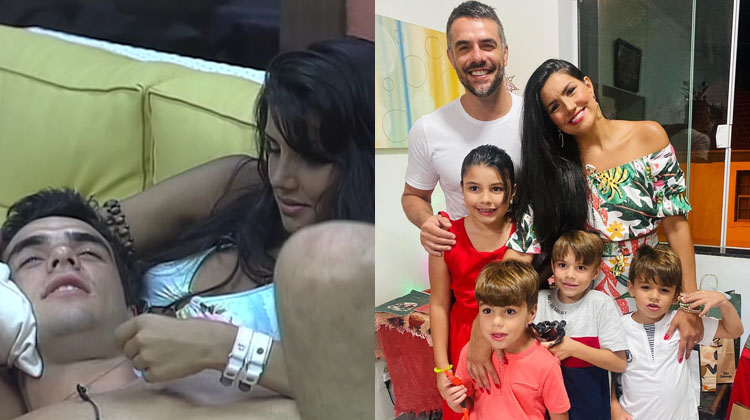 Montagem com duas fotos: Daniel Saullo e Mariana Felício no BBB e atualmente com 4 filhos