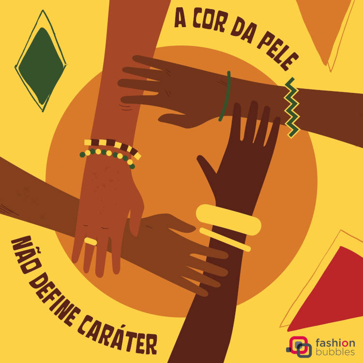 Cartão virtual de fundo amarelo e laranja com desenho de braços de pele negra e frase "a cor da pele não define caráter."