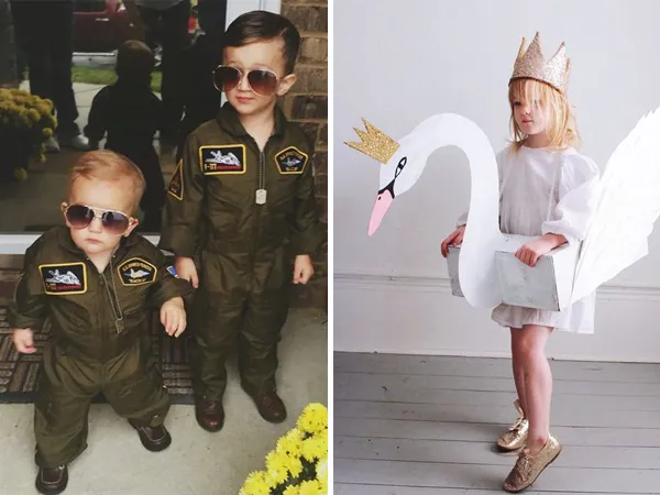 Montagem com duas fotos: a primeira tem dois meninos fantasiados de aviadores e a segunda mostra menina de pele clara com coroa e fantasia de cisne