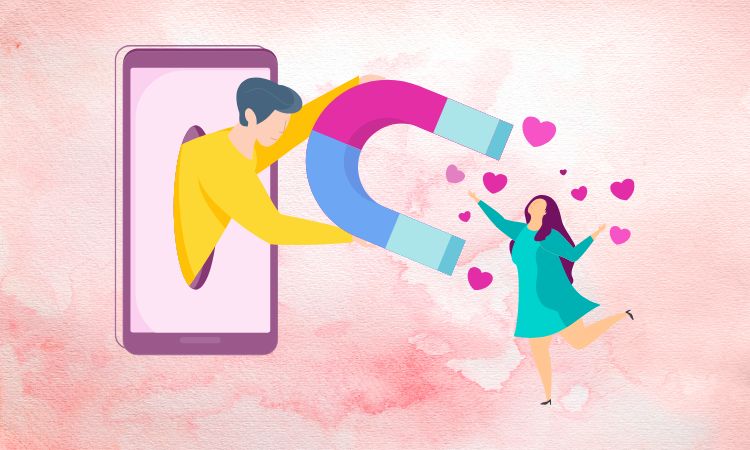 ilustração de homem em celular segurando ímã e atraindo uma mulher apaixonada: o que é curving