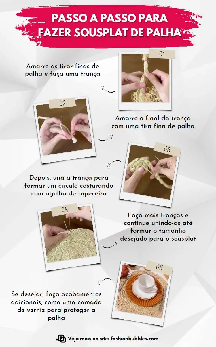 Montagem com 5 passos de como fazer sousplat de palha para presentear no Dia das Mães