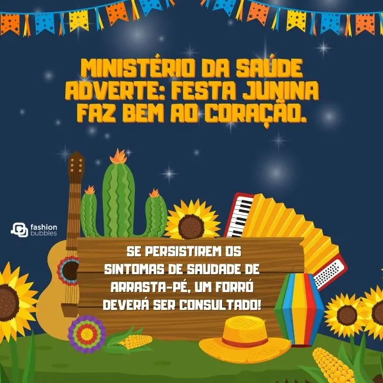 Card de fundo azul com bandeirinhas, cacto, violão, sanfona, girassóis e frase: Ministério da Saúde adverte: Festa Junina faz bem ao coração. Se persistirem os sintomas de saudade de arrasta-pé, um forró deverá ser consultado!