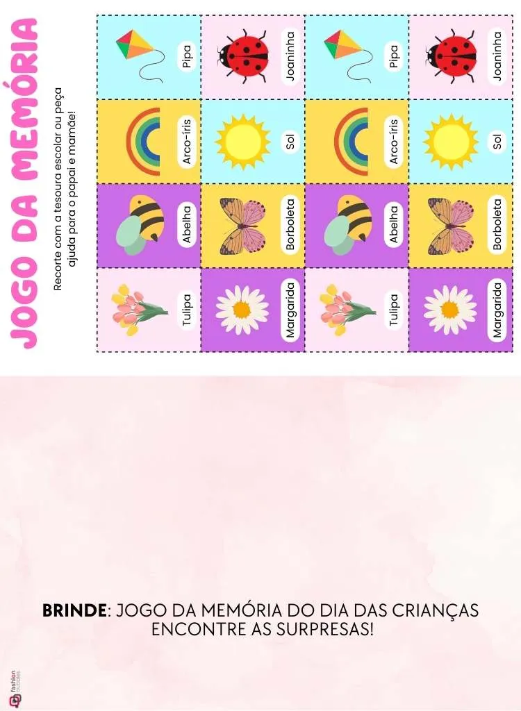 Modelo parte de dentro sem frase, com Jogo da Memória para meninas, fundo neutro