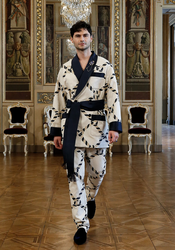 Homem de quimono / pijama chic luxuoso com estampa de corda torcida - branco de bordas em preto Homem de quimono luxuoso - Dolce & Gabbana Virtual