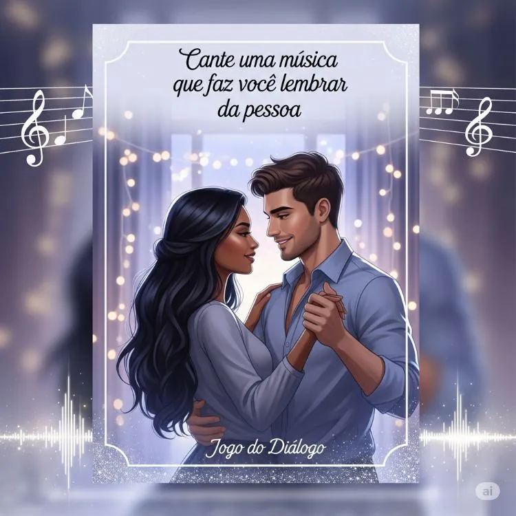 Um cartão de "Jogo do Diálogo" com a pergunta "Cante uma música que faz você lembrar da pessoa". A arte mostra um casal sorrindo e dançando, com notas musicais e luzes brilhantes ao fundo, criando uma atmosfera romântica.