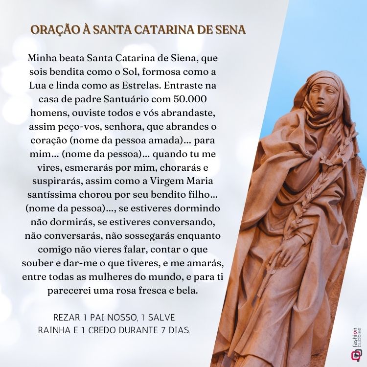 Imagem com oração dedicada a Santa Catarina de Sena à esquerda, destacada em texto dourado sobre fundo claro. À direita, estátua de Santa Catarina em mármore, com manto detalhado e olhar sereno, contra um fundo azul claro.