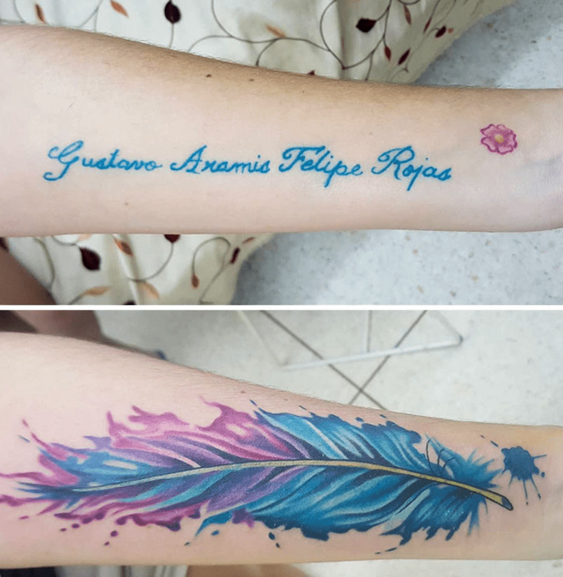 Cobrir tatuagem - Frase coberta com pena na tecnica cover-up
