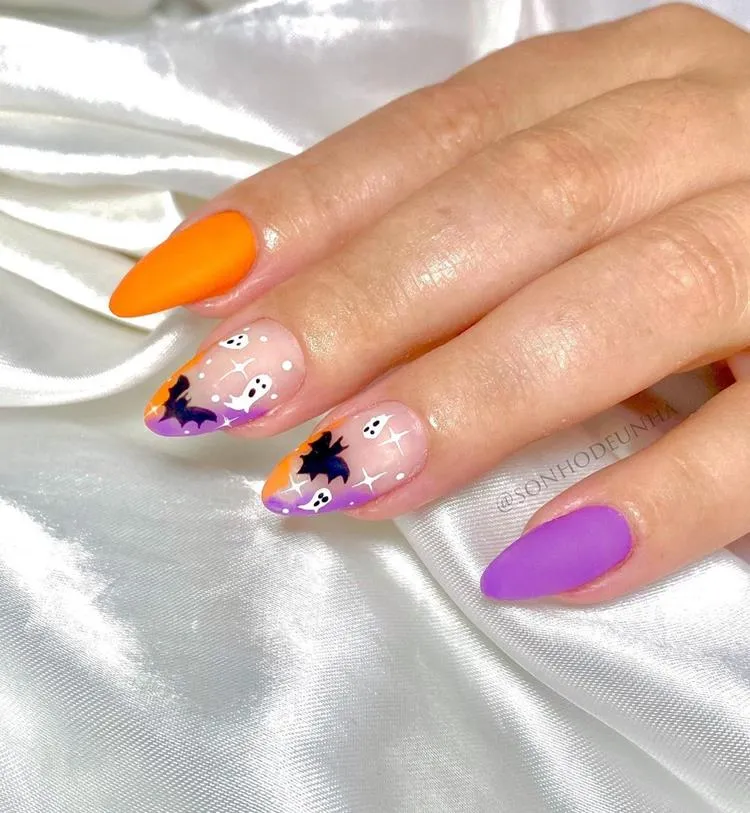 unha laranja e roxa de halloween