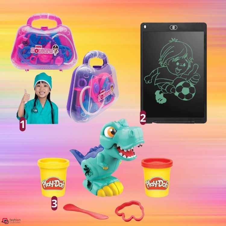 montagem de fundo colorido com 3 brinquedos para o dia das crianças