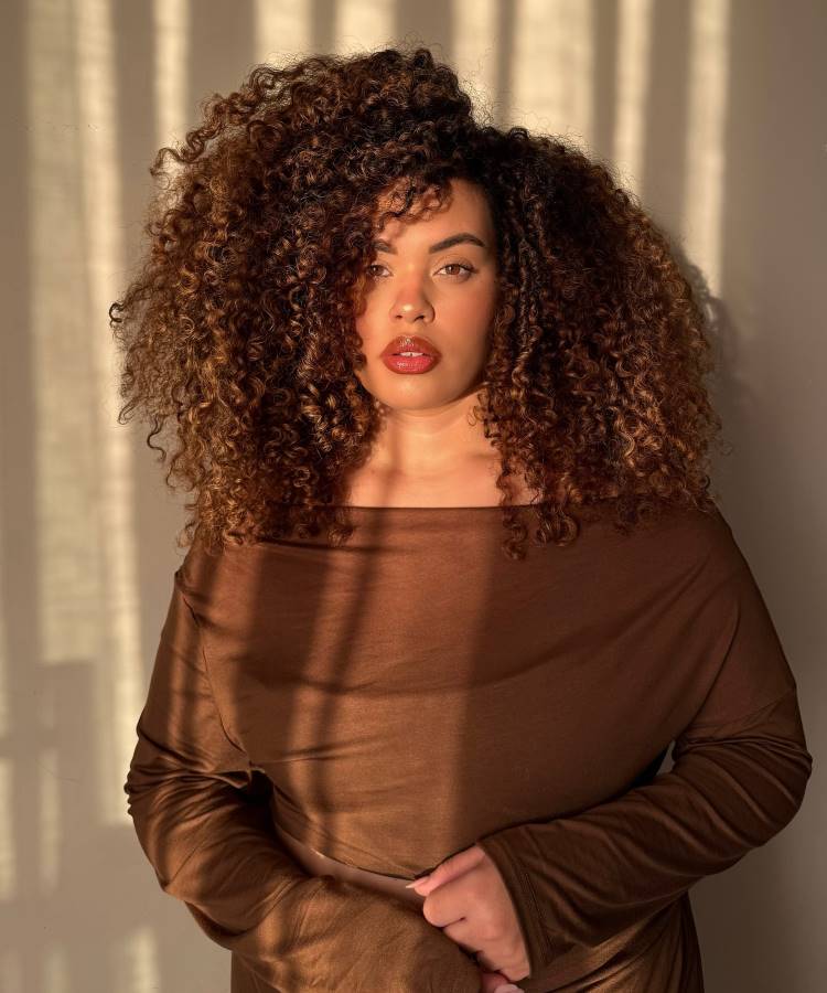 A imagem retrata uma mulher com cabelo castanho iluminado, cacheado e volumoso, que emoldura seu rosto. Ela veste uma blusa marrom de tecido fluido e posa com uma expressão séria. Feixes de luz solar criam listras de sombra no fundo e sobre ela.







