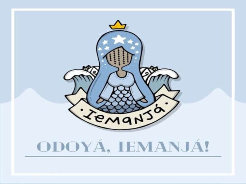 ilustração de iemanjá com sua saudação "Odoyá" cartão virtual com fundo azul-claro e ilustração de Iemanjá