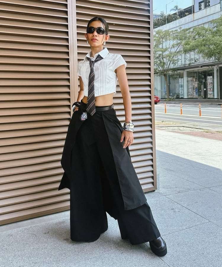 Looks para o Rock in Rio 2026 Stray Kids: camisa cropped, gravata e calça baggy