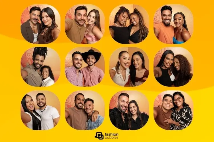 Montagem com fotos dos 24 participantes do BBB 25, cada um com a sua dupla