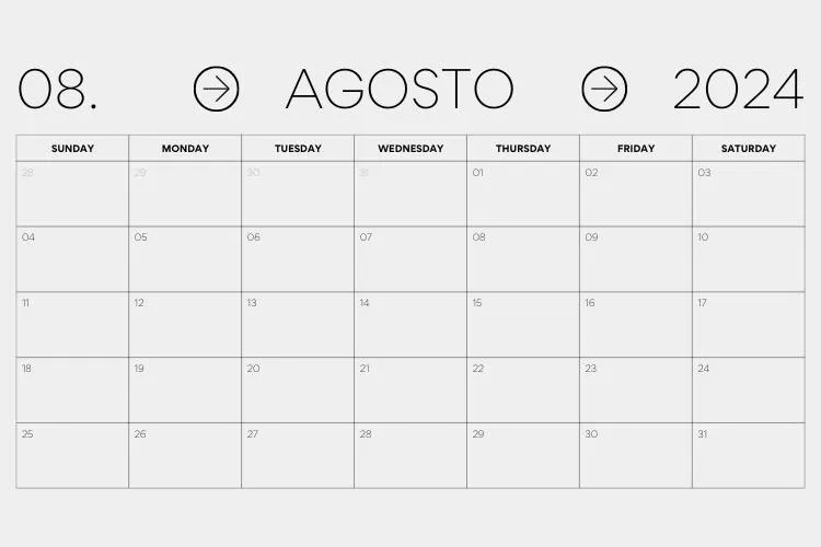 Calendário de agosto de 2024