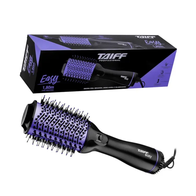 Escova Secadora Taiff Easy Oval em preto e roxo ao lado de caixa com as mesmas cores