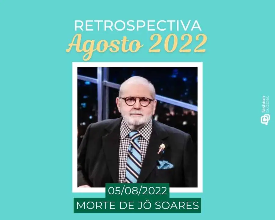 Imagem com fundo verde-água, escrito de branco e amarelo "Retrospectiva agosto 2022 - 05/08/2022 - Morte de Jô Soares". No centro, foto do humorista.
