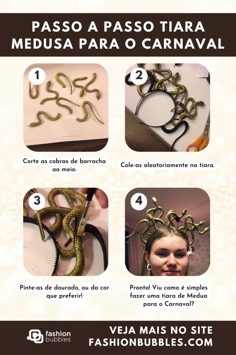 Montagem com passo a passo de tiara de Medusa para o Carnaval.